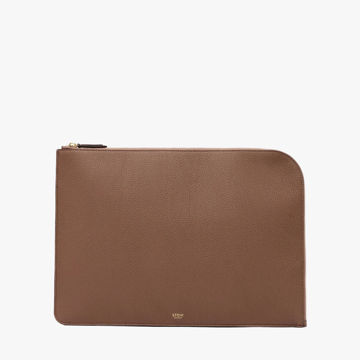 STOW London's Leather Sleeve in Mocha pebbled leather on a light grey background featuring a YKK Natulon Zip and a fine gold embossed logo on the front bottom.