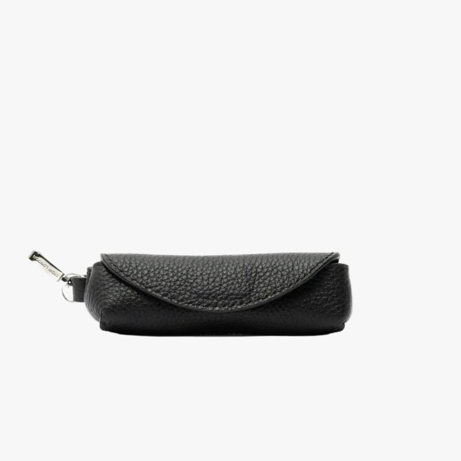 STOW London's Lipstick Case in Black pebbled leather featuring a silver stainless steel clip on a light grey background