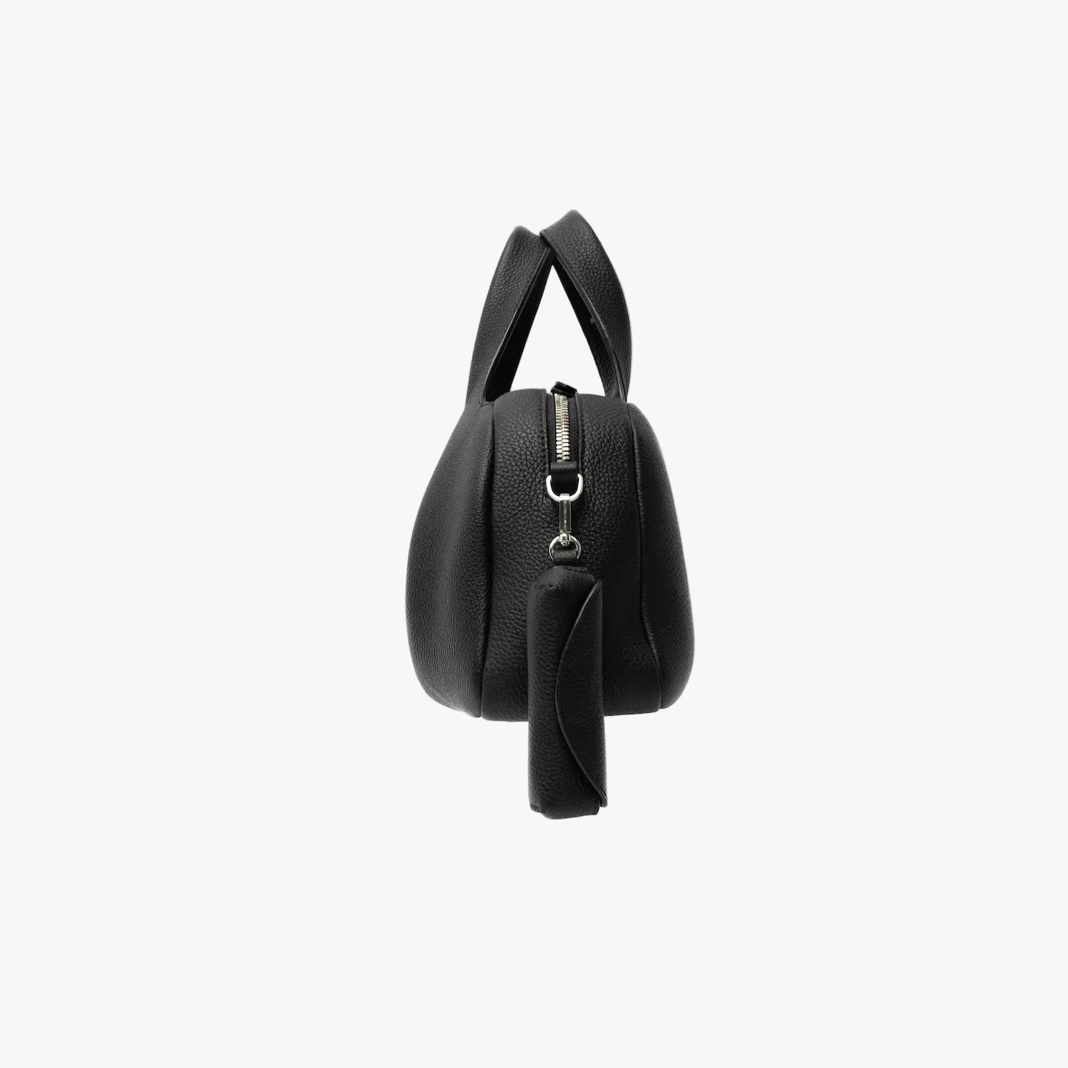 STOW London's Lipstick Case in Black pebbled leather attached to the Black Mini Bowling bag featuring a silver stainless steel clip on a light grey background