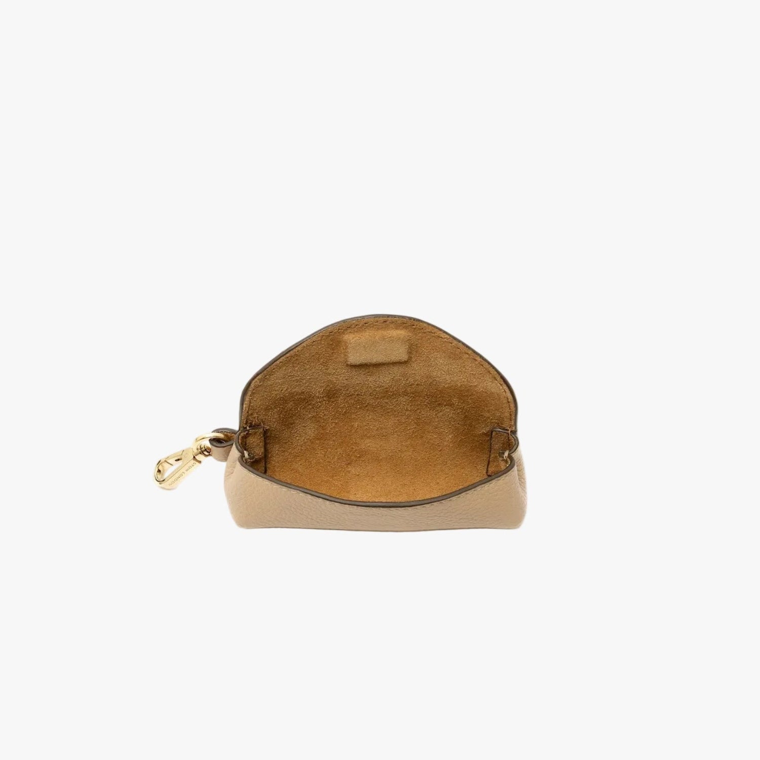 STOW London's Lipstick Case in Camel pebbled leather on a light grey background with flap open showing hidden magnet and suede interior lining featuring gold-coated stainless steel hardware