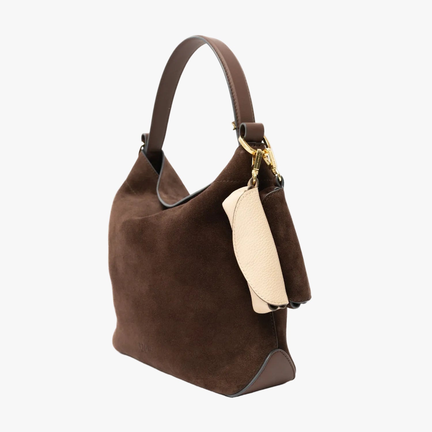 STOW London's Lipstick Case in Chocolate suede leather and camel pebbled leather attached to the Chocolate suede Midi Curveon a light grey background featuring a gold-coated stainless steel clip