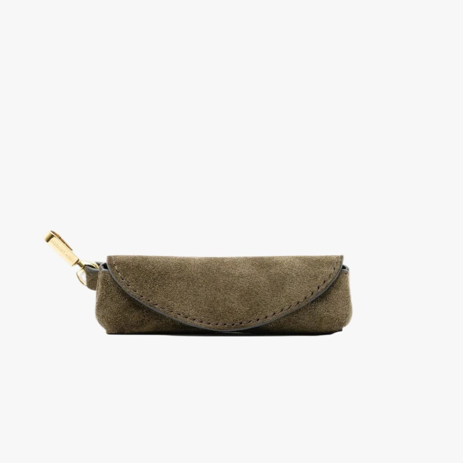 STOW London's Lipstick Case in Dark Green suede leather on a light grey background featuring a gold-coated stainless steel clip