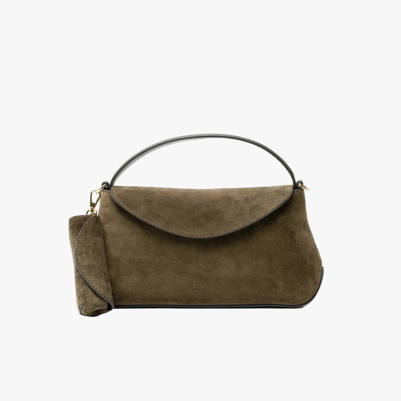 STOW London's Lipstick Case in Dark Green suede leather attached to the matching Mini East West bag on a light grey background featuring a gold-coated stainless steel clip