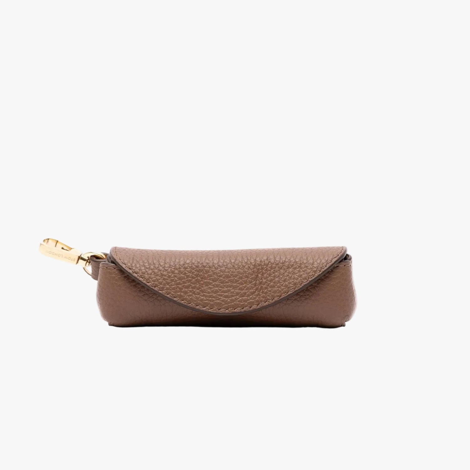 STOW London's Lipstick Case in Mocha pebbled leather on a light grey background featuring gold-coated stainless steel hardware