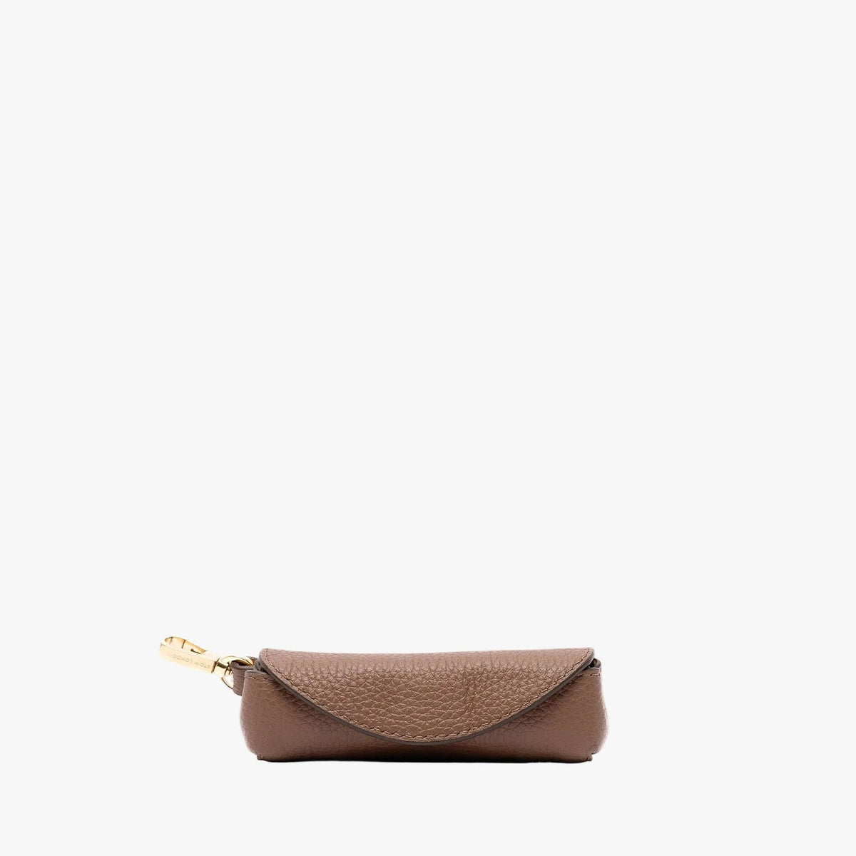 STOW London's Lipstick Case in Mocha pebbled leather on a light grey background featuring gold-coated stainless steel hardware