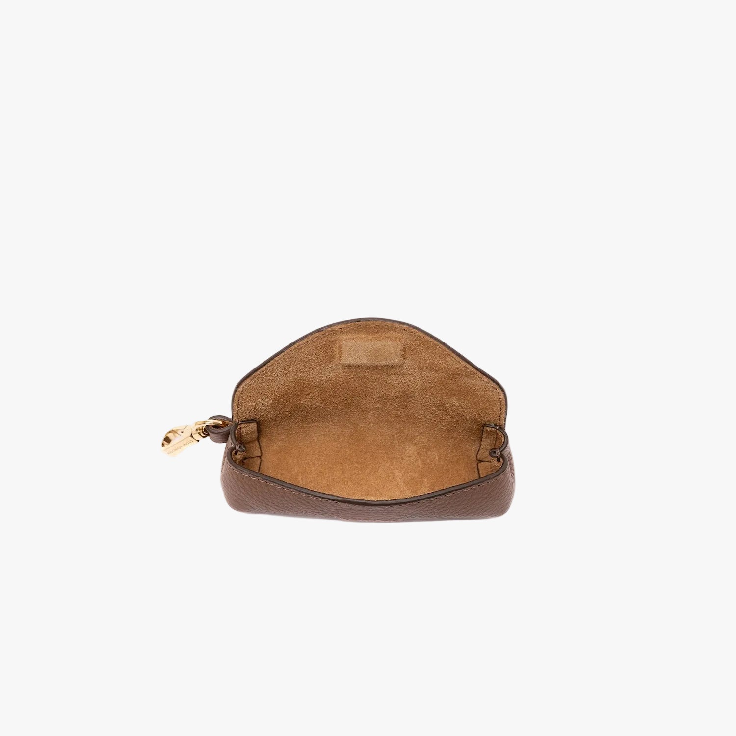 STOW London's Lipstick Case in Mocha pebbled leather on a light grey background with flap open showing suede interior lining and hidden magnetic closure featuring gold-coated stainless steel hardware