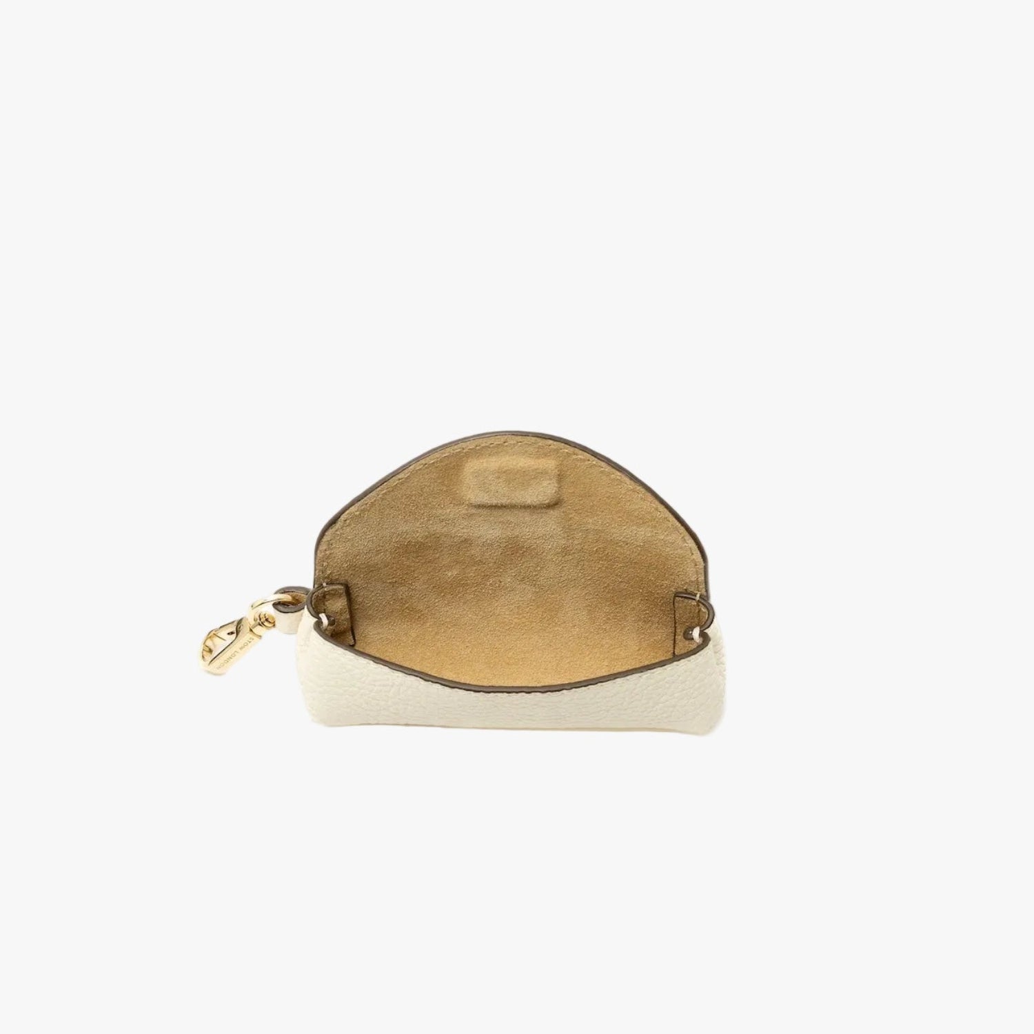 STOW London's Lipstick Case in Spring Moon pebbled leather with flap open showing the hidden magnetic closure and suede interior lining featuring a gold-coated stainless steel clip on a light grey background