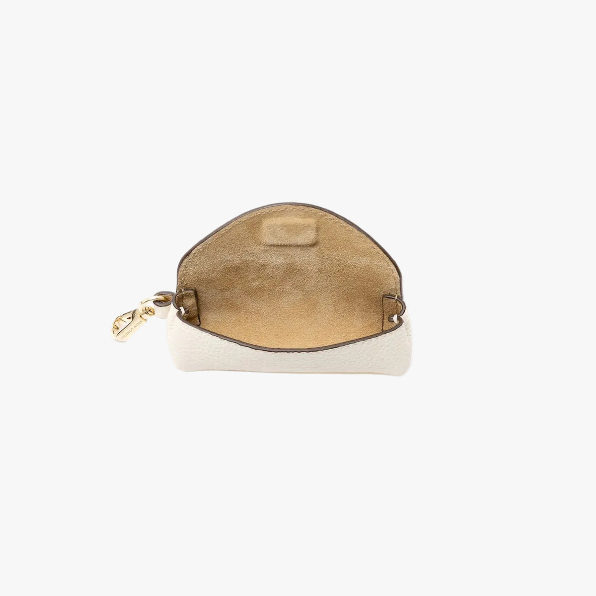 STOW London's Lipstick Case in Spring Moon pebbled leather with flap open showing the hidden magnetic closure and suede interior lining featuring a gold-coated stainless steel clip on a light grey background