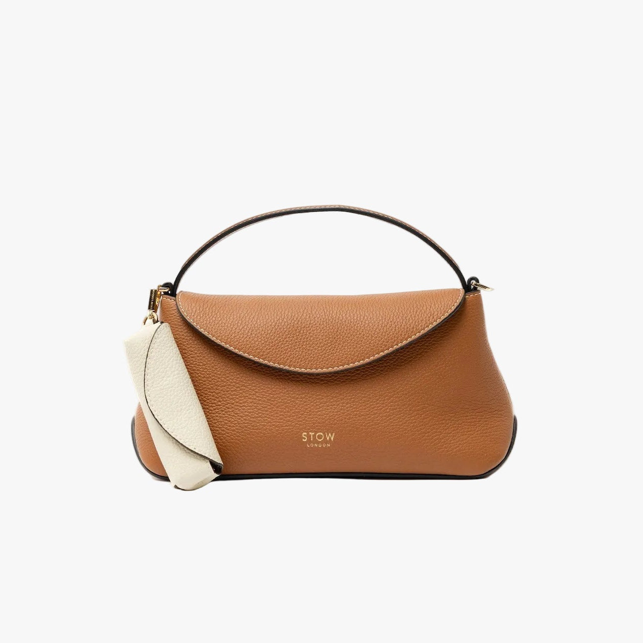 STOW London's Lipstick Case in Spring Moon pebbled leather attached to the Mini East West in Earth Tan leather featuring a gold-coated stainless steel clip on a light grey background
