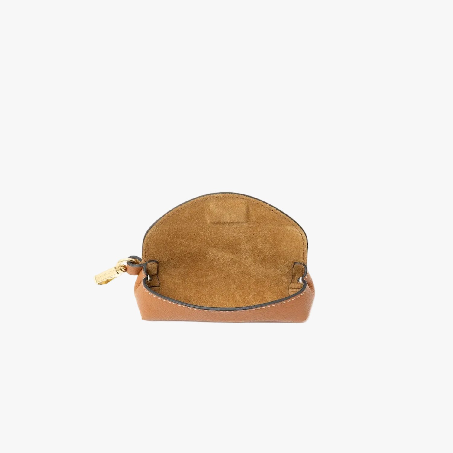 STOW London's Lipstick Case in Earth Tan pebbled leather on a light grey background with flap open showing hidden magnet and suede interior lining featuring gold-coated stainless steel hardware