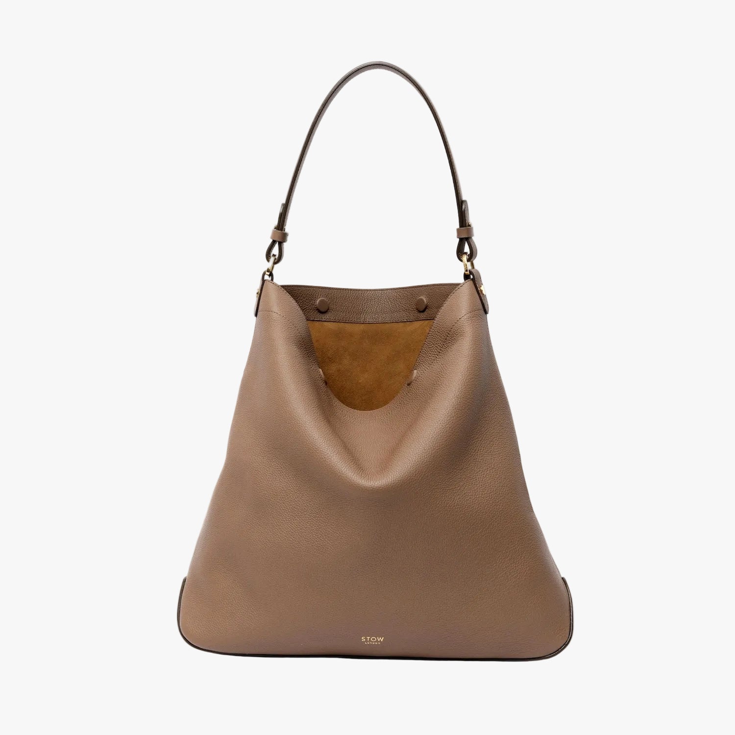 STOW London's Maxi Curve bag in Mocha pebbled leather featuring gold-coated stainless steel hardware on a light grey background