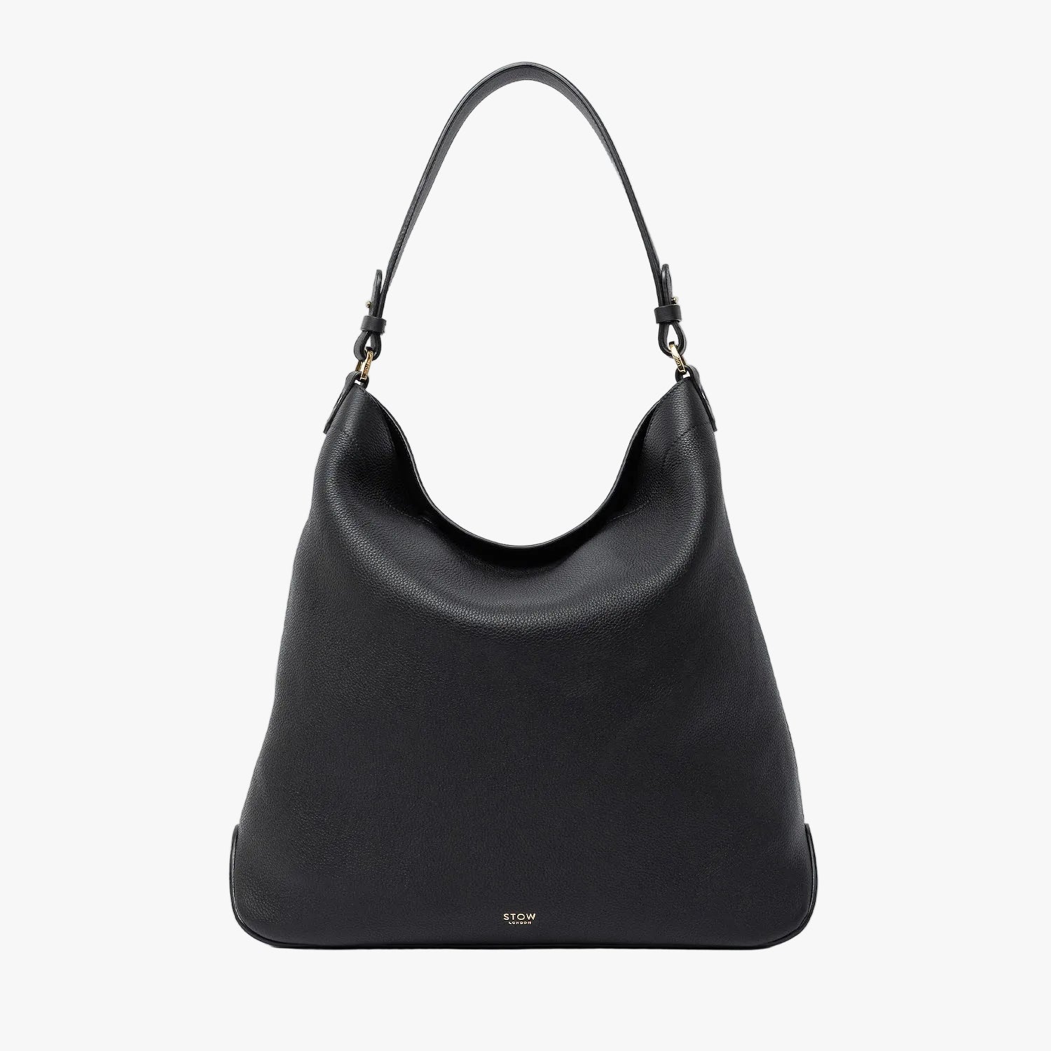 STOW London's Maxi Curve bag in Black pebbled leather featuring gold-coated stainless steel hardware on a light grey background