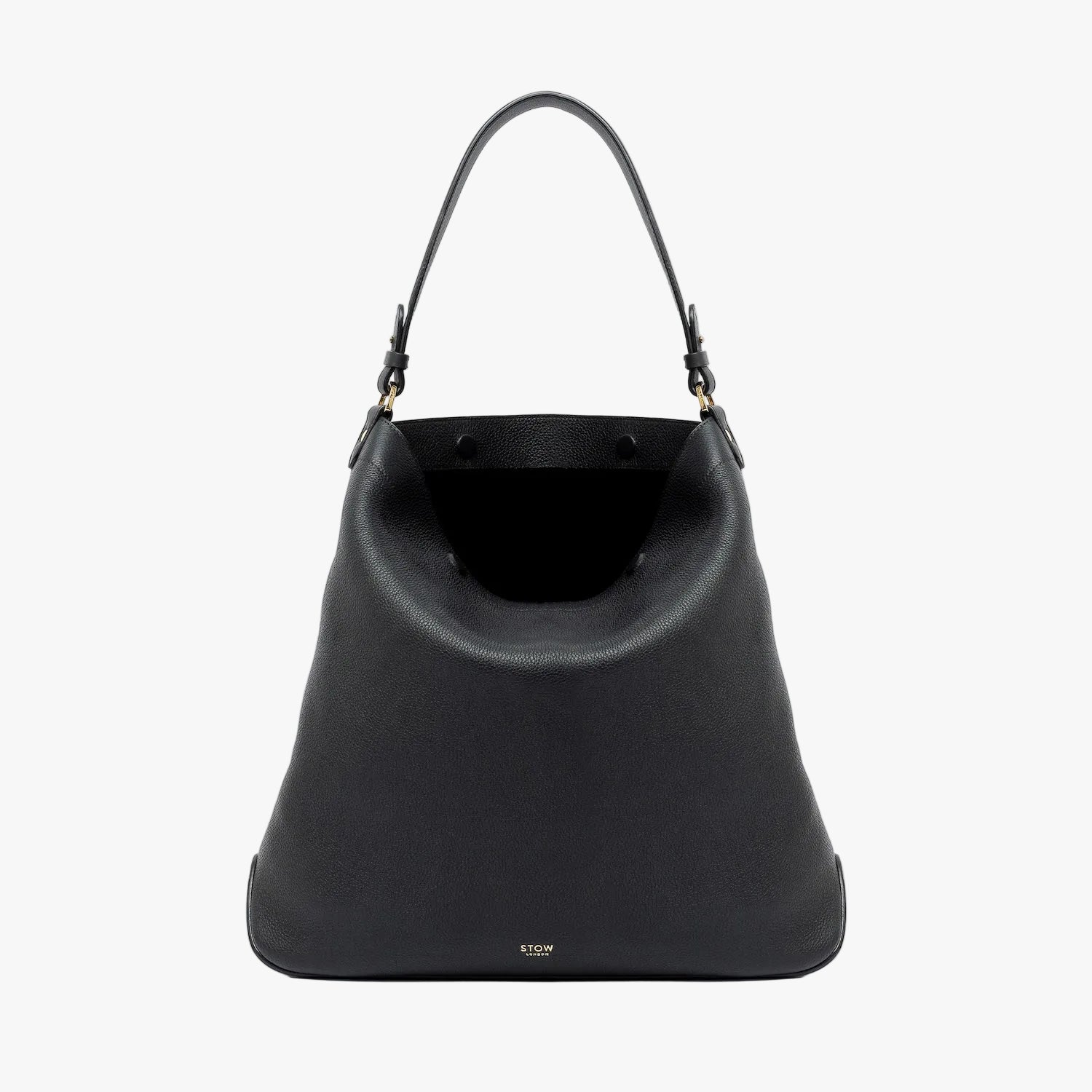 STOW London's Maxi Curve bag in Black pebbled leather with magnets open showing the black suede interior lining featuring gold-coated stainless steel hardware on a light grey background