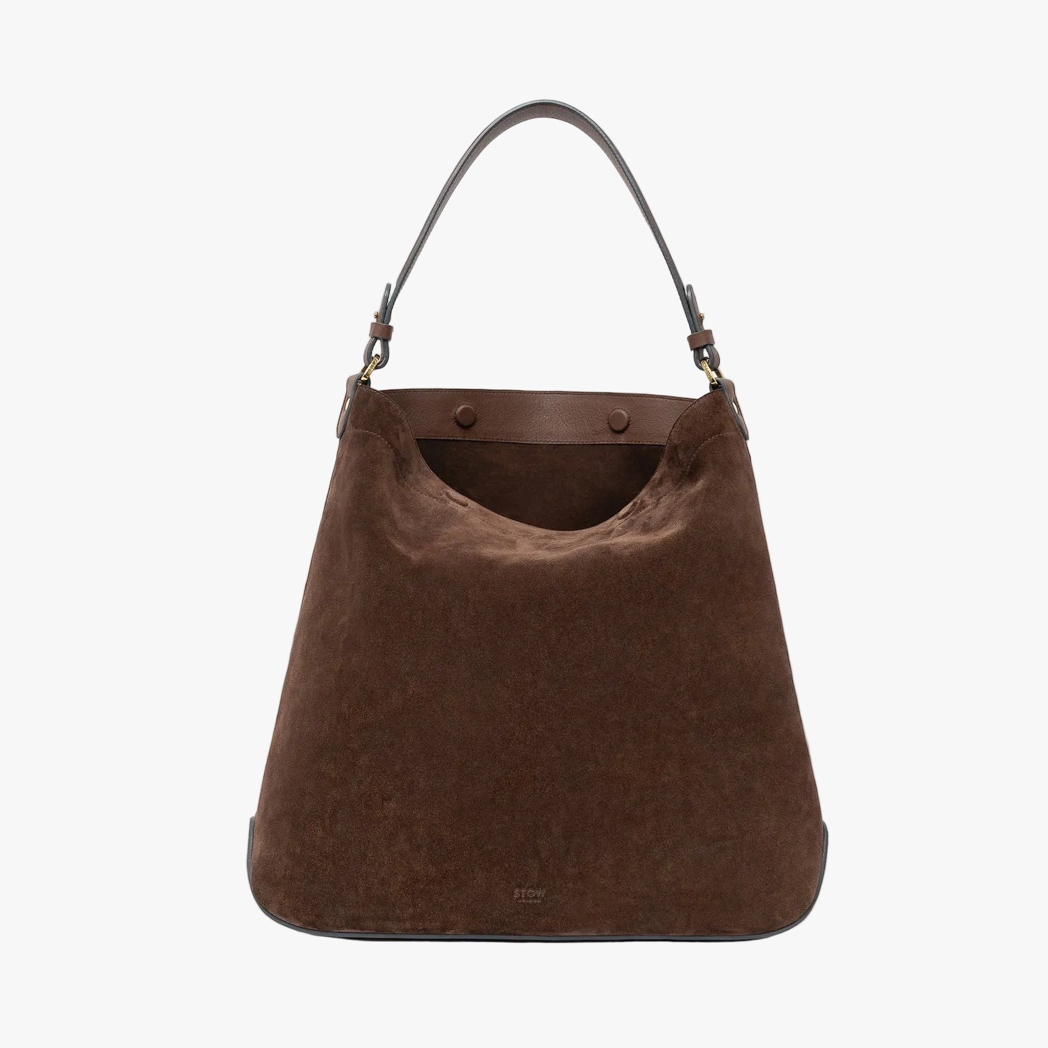 STOW London's Maxi Curve bag in Chocolate suede leather featuring gold-coated stainless steel hardware on a light grey background