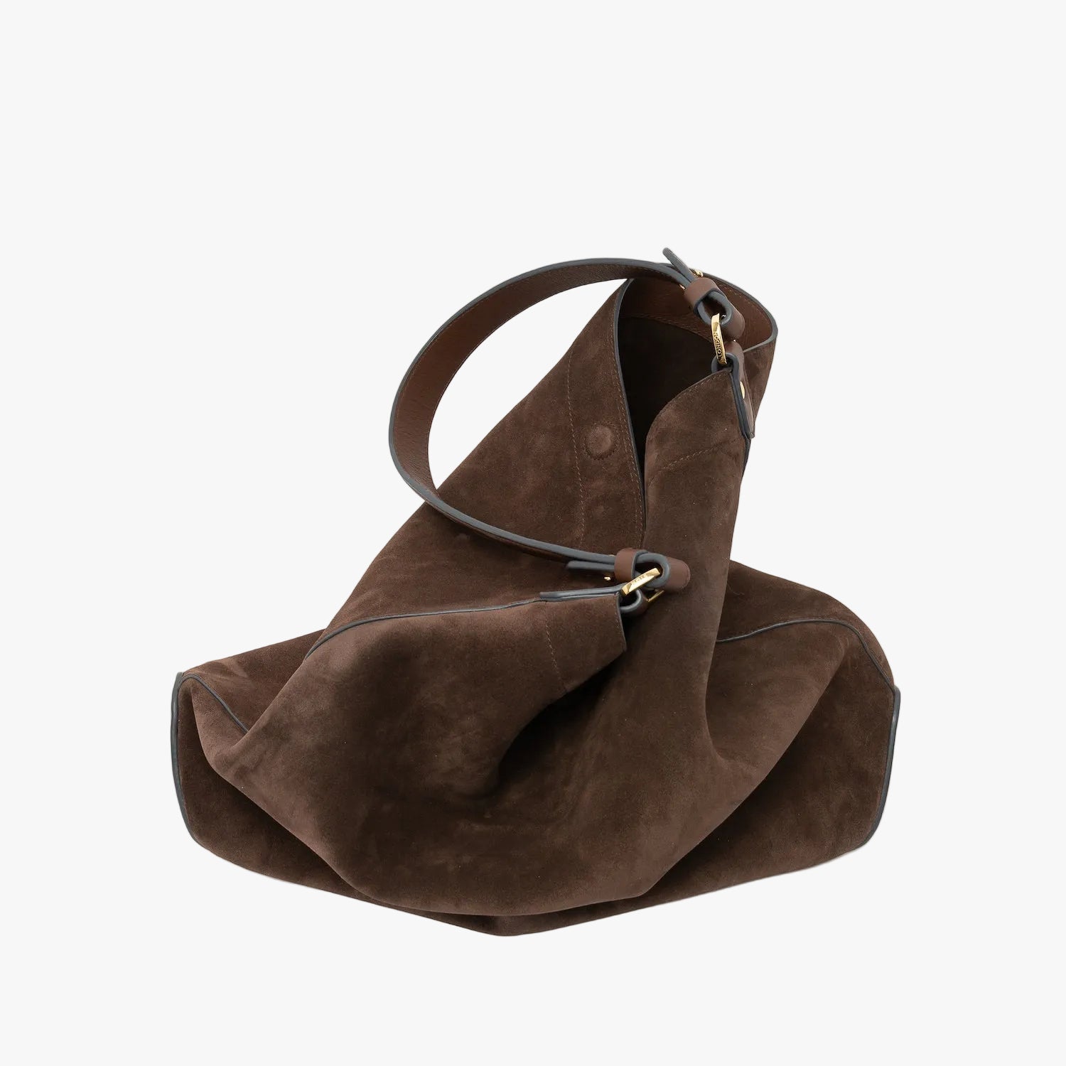 STOW London's Maxi Curve bag in Chocolate suede leather featuring gold-coated stainless steel hardware on a light grey background