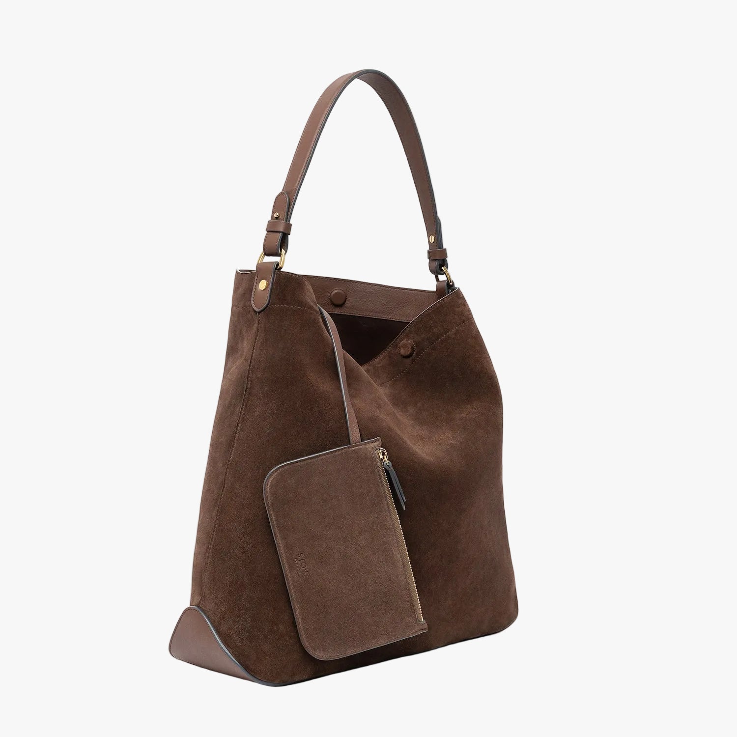 Off-axis view of STOW London's Maxi Curve bag in Chocolate suede leather and matching, detachable interior pouch featuring gold-coated stainless steel hardware on a light grey background