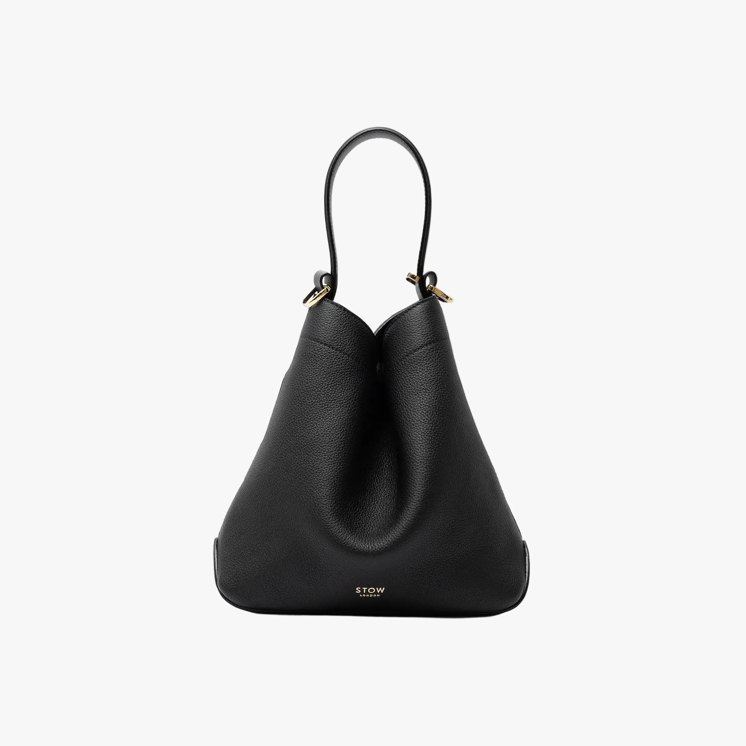 STOW London's Midi Curve in Black pebbled leather styled in a triangular shape featuring gold-coated stainless steel hardware on a light grey background