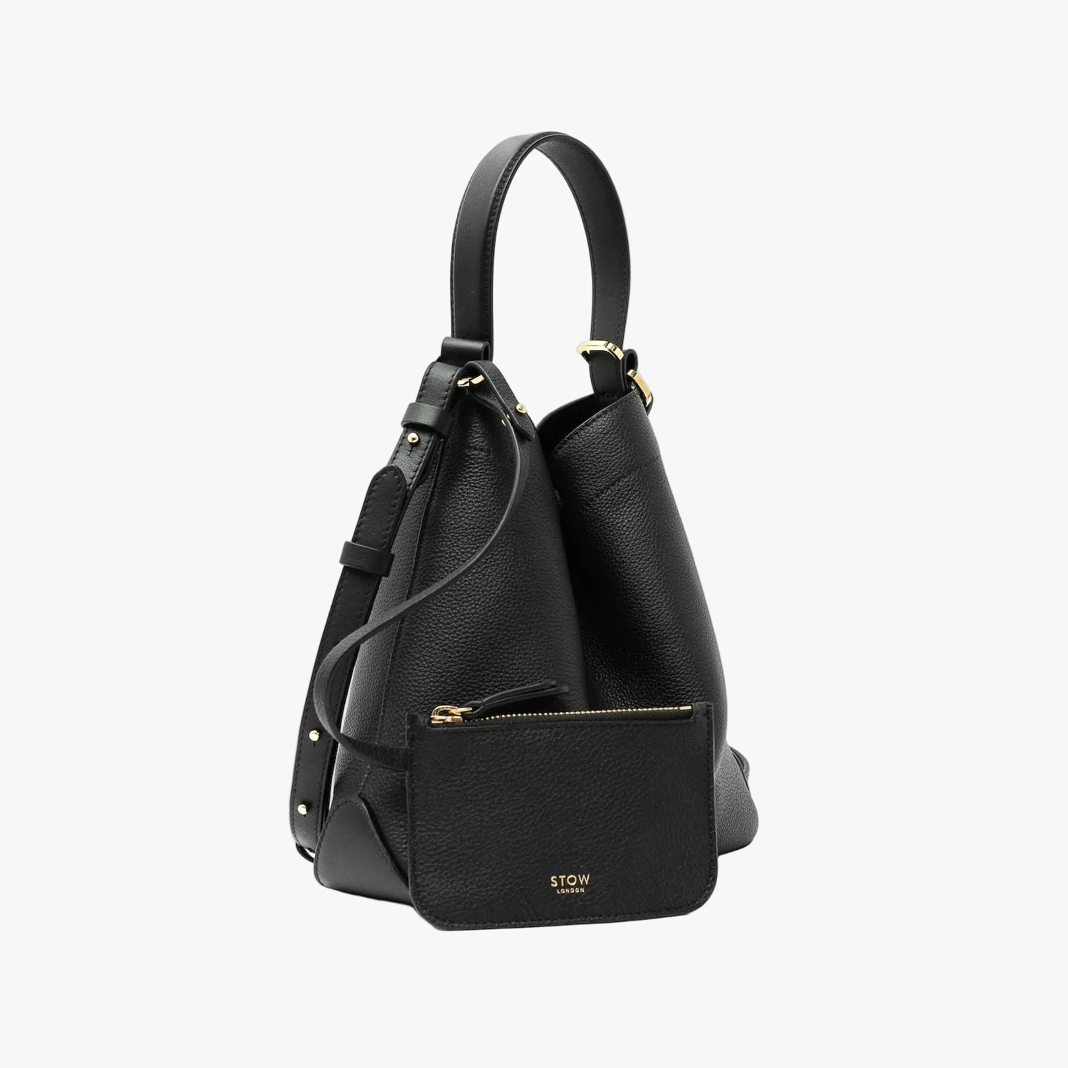 STOW London's Midi Curve in Black pebbled leather with its matching, detachable interior pouch featuring gold-coated stainless steel hardware on a light grey background