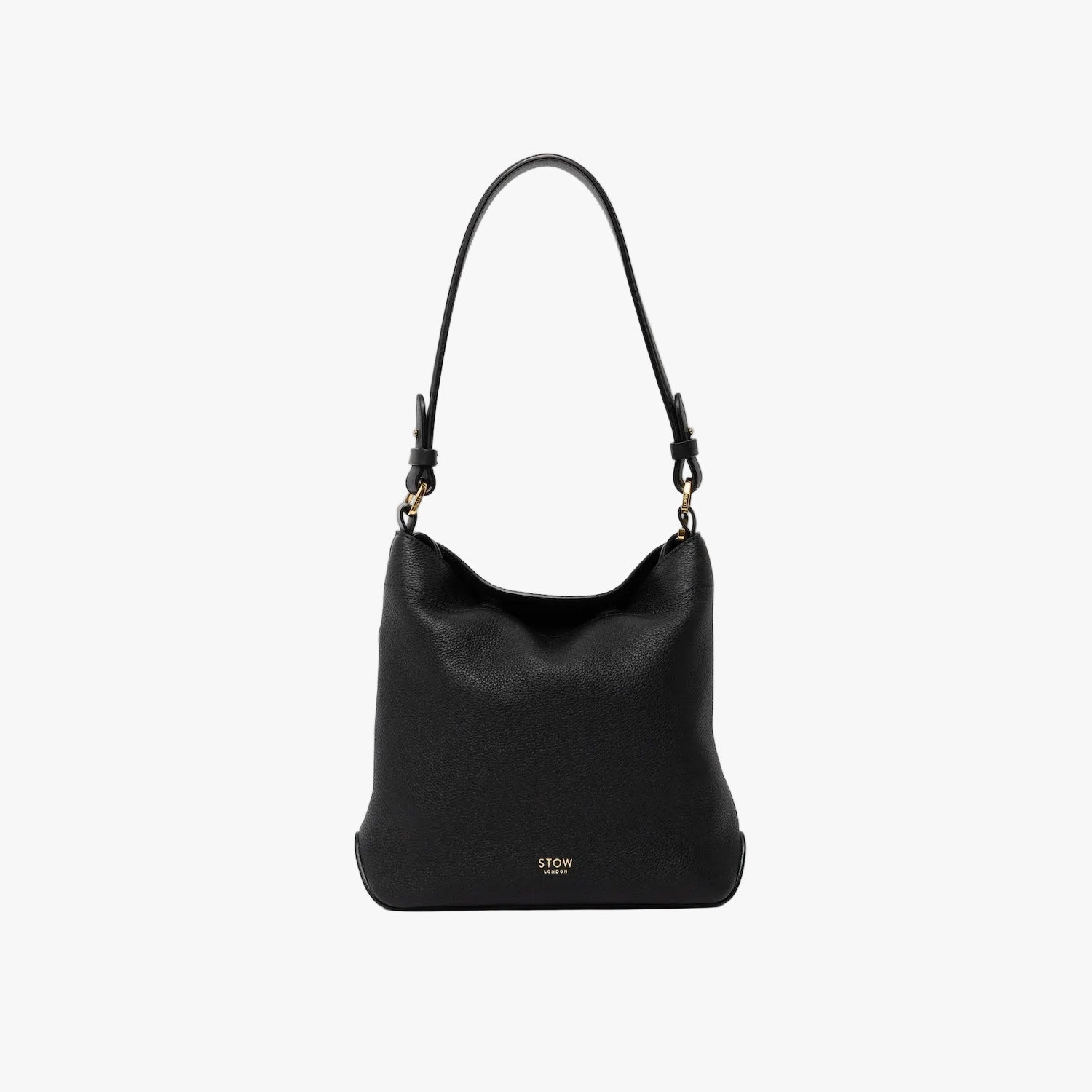 STOW London's Midi Curve and detachable shoulder strap in Black leather on a light grey background featuring gold hardware and details