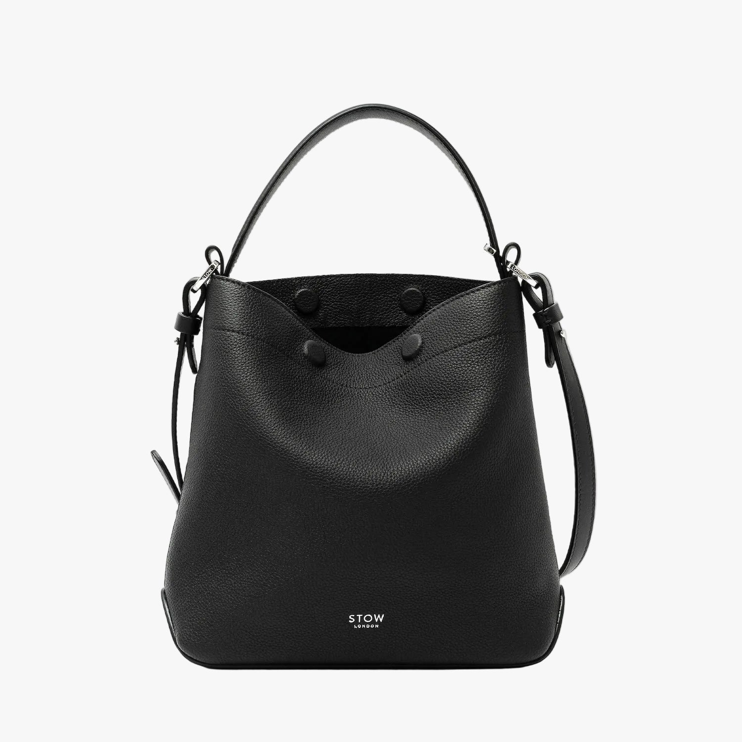 STOW London's Midi Curve in Black pebbled leather featuring silver stainless steel hardware on a light grey background