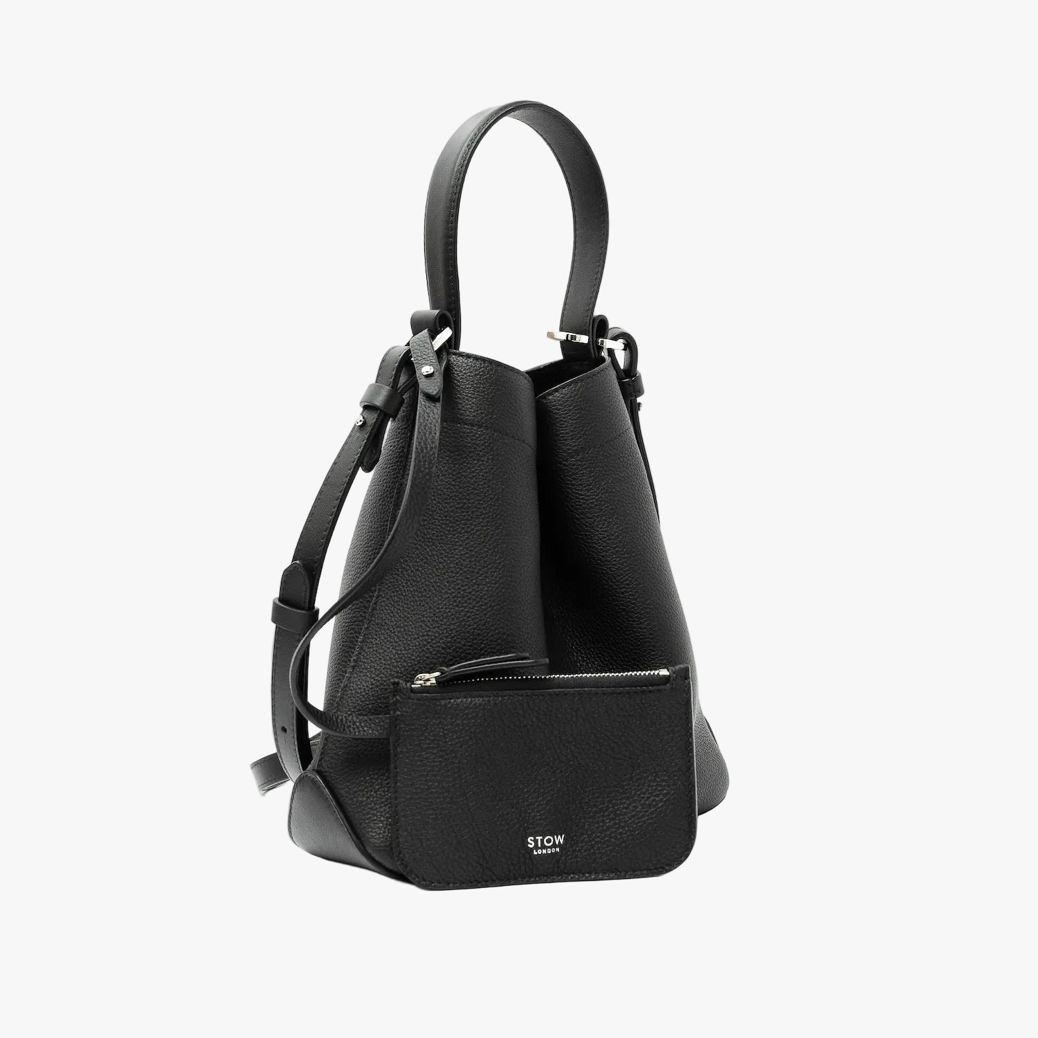 STOW London's Midi Curve in Black pebbled leather with its matching, detachable interior pouch featuring silver stainless steel hardware on a light grey background