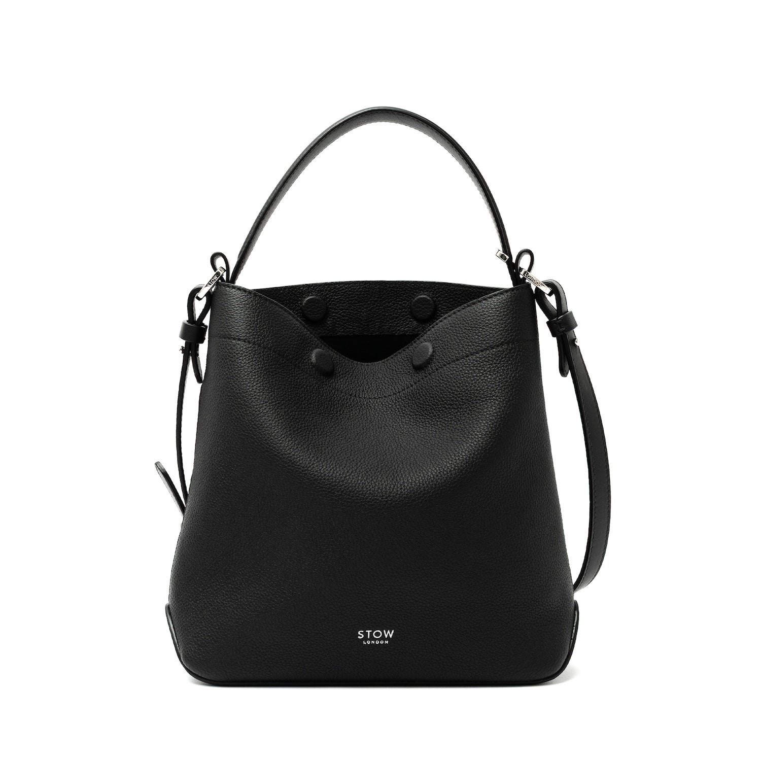 STOW London's Midi Curve bag and detachable, adjustable strap in Black pebbled and smooth leather featuring silver stainless steel hardware on a white background