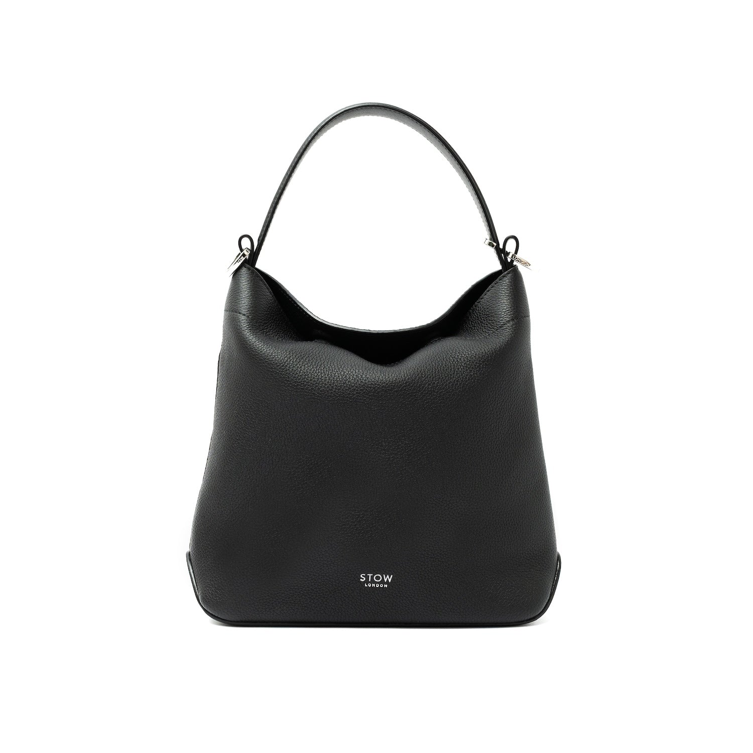 STOW London's Midi Curve bag in Black pebbled and smooth leather shaped as a flap bag featuring silver stainless steel hardware on a white background