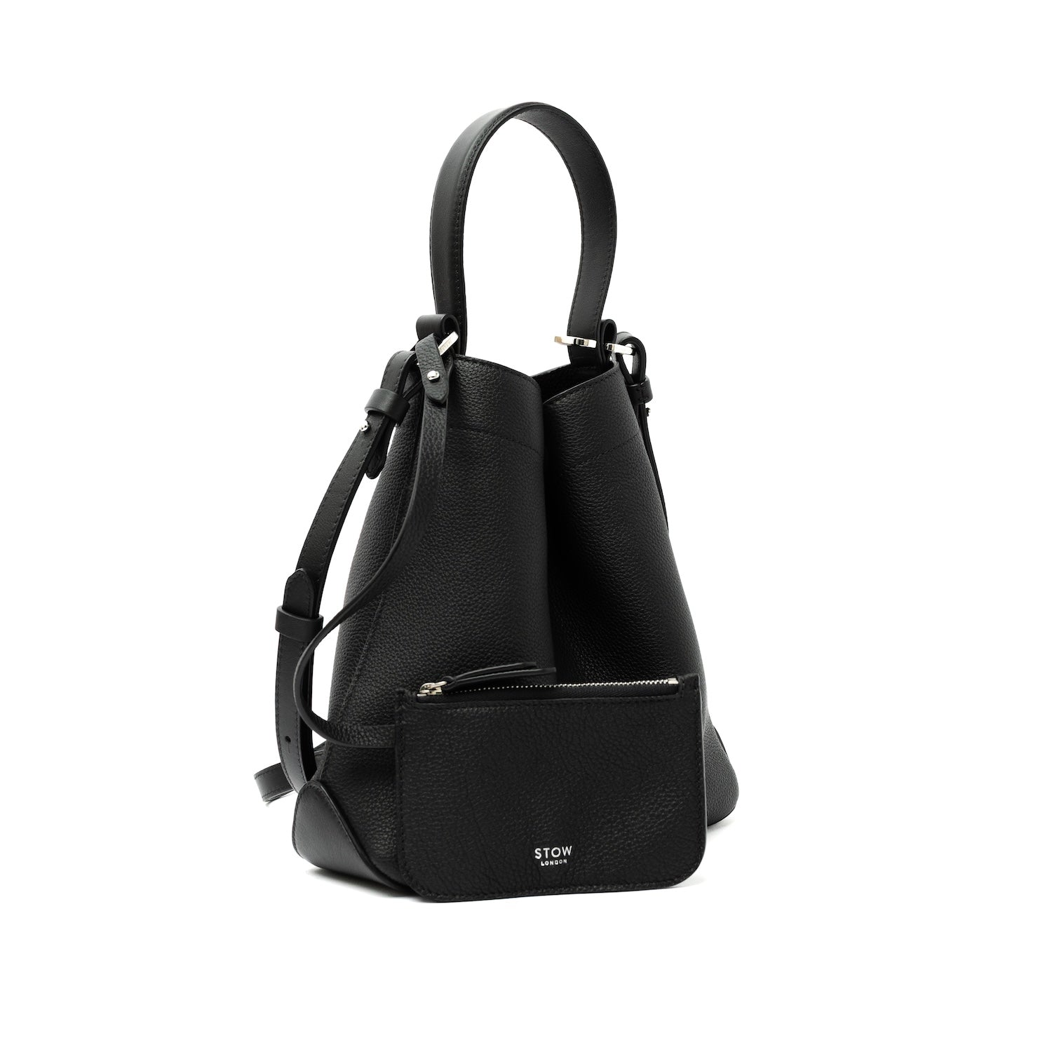STOW London's Midi Curve bag and detachable strap in Black pebbled and smooth leather shaped in a soft triangular style featuring silver stainless steel hardware and its matching detachable pouch on a white background