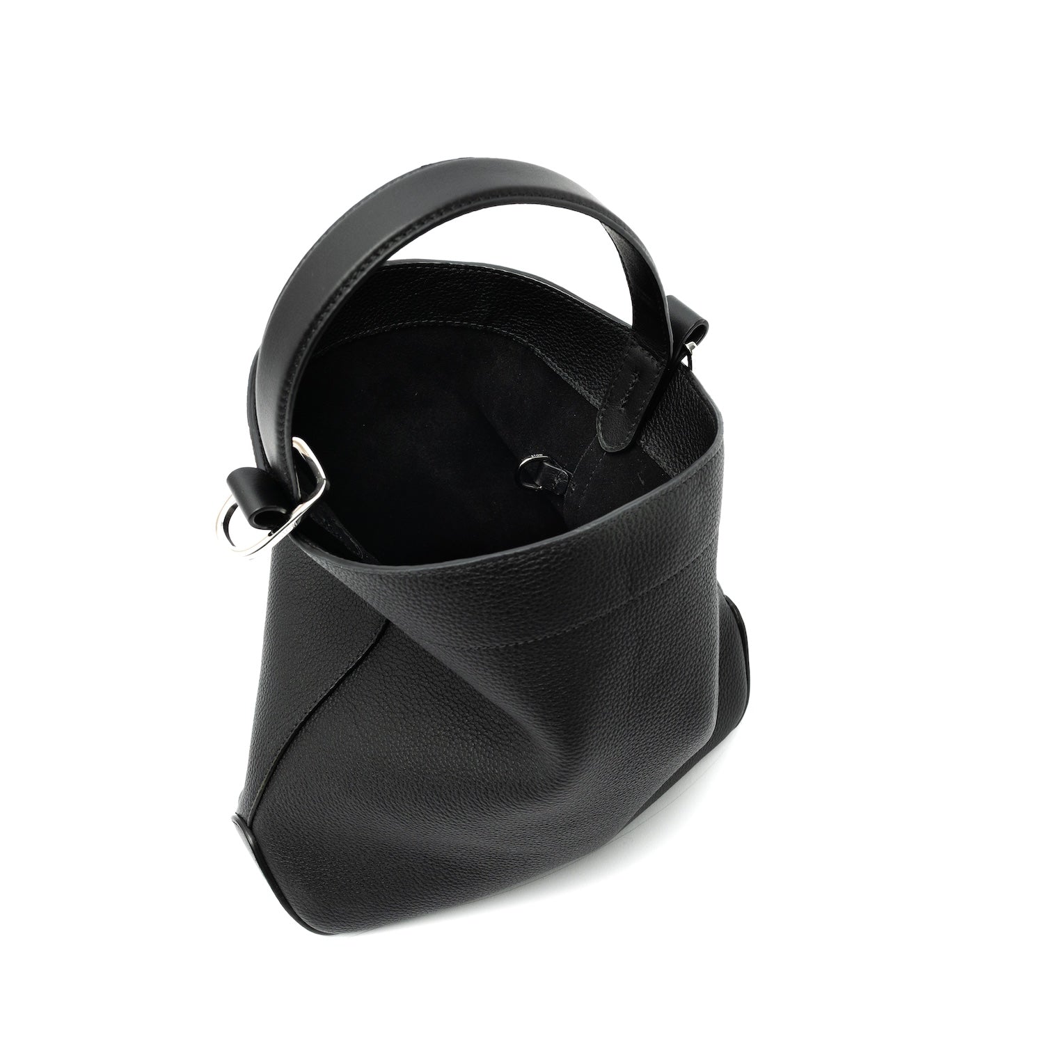 Top angled view of STOW London's Midi Curve bag in Black pebbled and smooth leather with bag open showing the interior d-ring featuring silver stainless steel hardware on a white background
