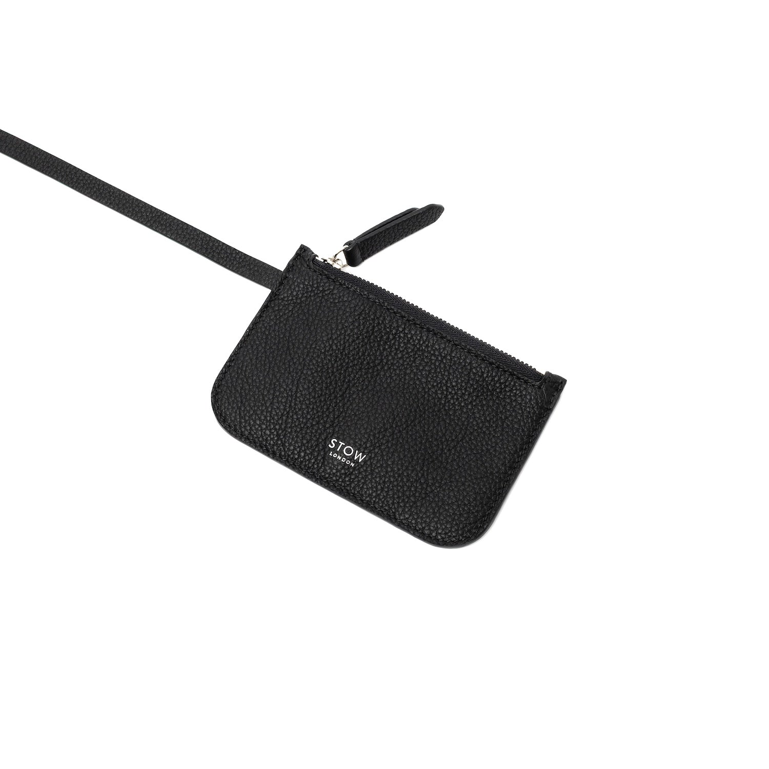 The matching detachable interior pouch of STOW London's Midi Curve bag in Black pebbled and smooth leather featuring silver stainless steel hardware on a white background