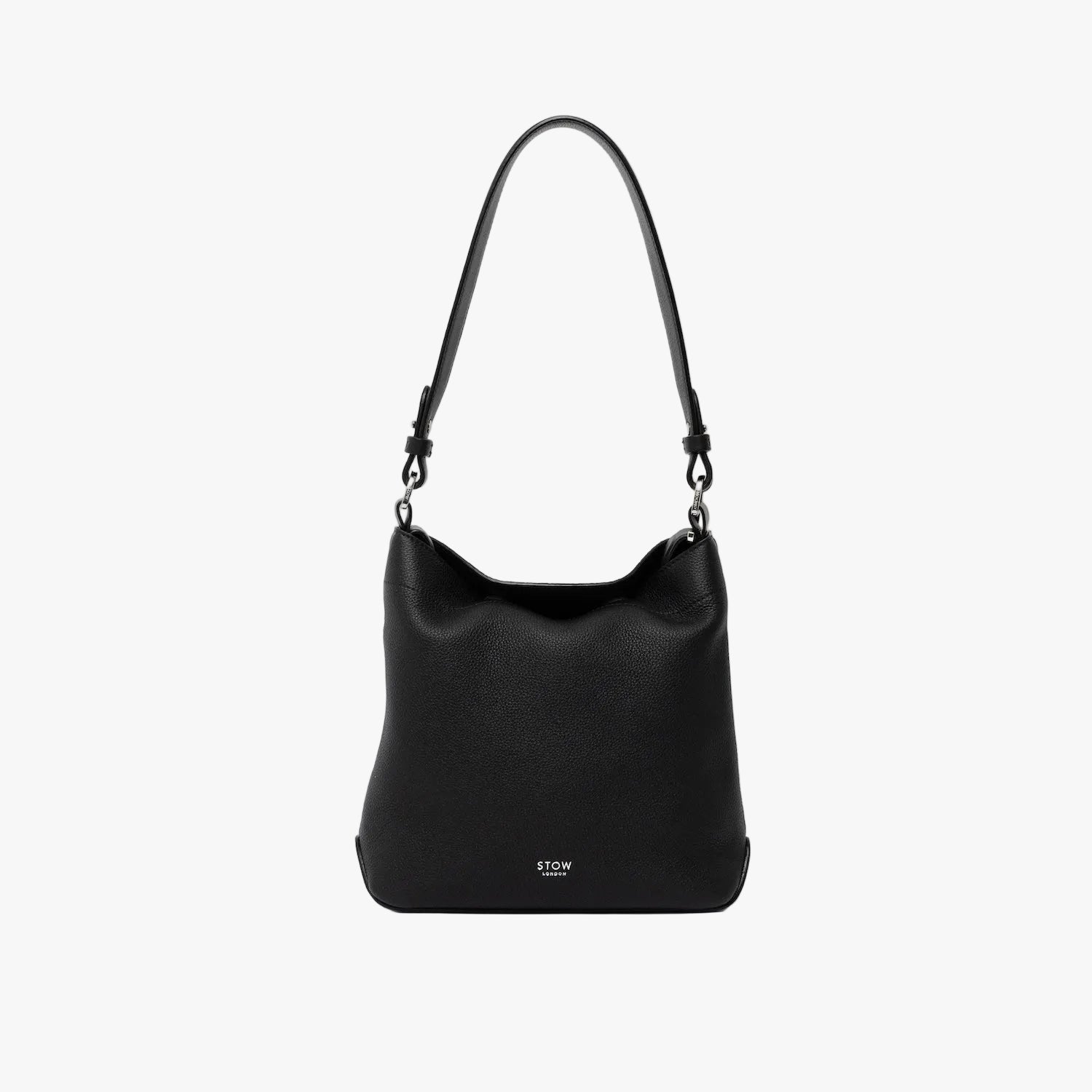 STOW London's Midi Curve and detachable shoulder strap in Black leather on a light grey background featuring silver hardware and details