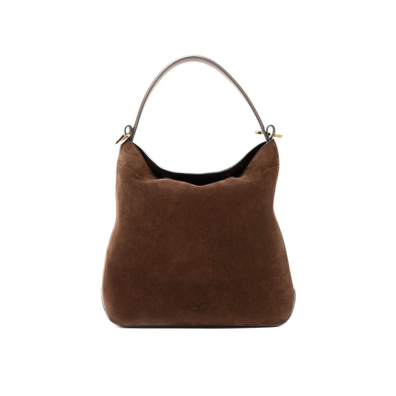 STOW London's Midi Curve bag in Chocolate Suede leather shaped as a flap bag featuring gold-coated stainless steel hardware on a white background