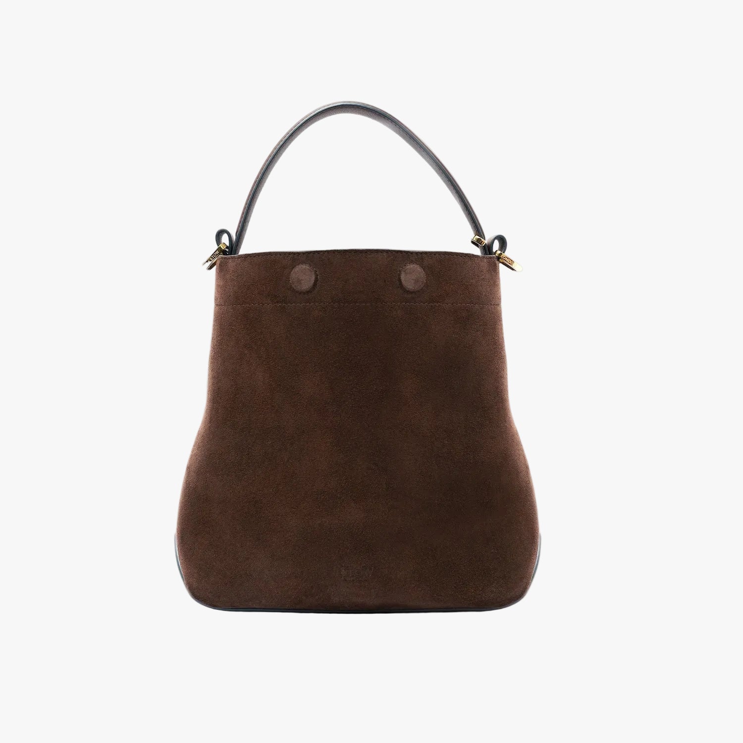STOW London's Midi Curve in Chocolate suede leather styled as a bucket bag featuring gold-coated stainless steel hardware on a light grey background