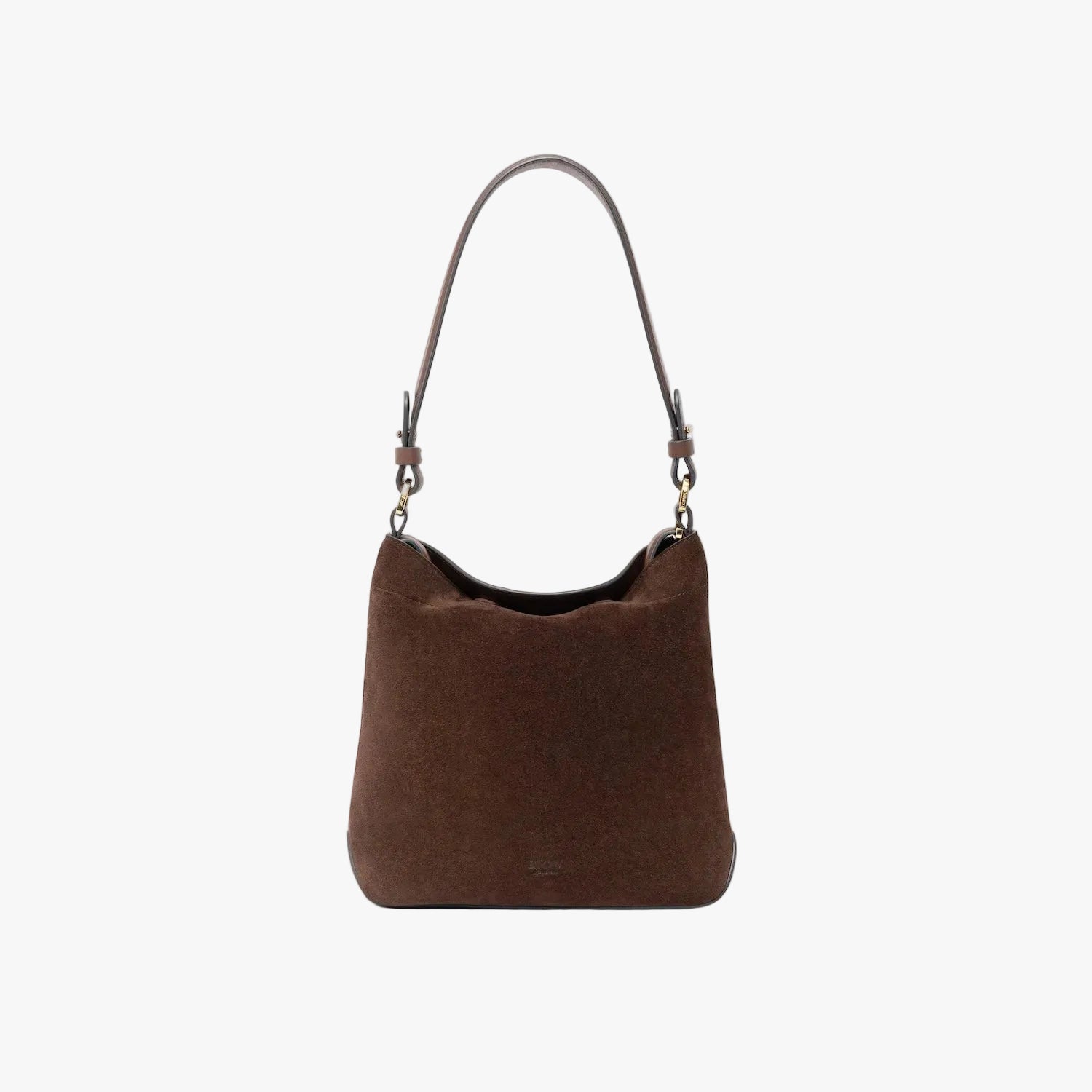 STOW London's Midi Curve in Chocolate suede leather featuring the detachable shoulder strap with gold hardware