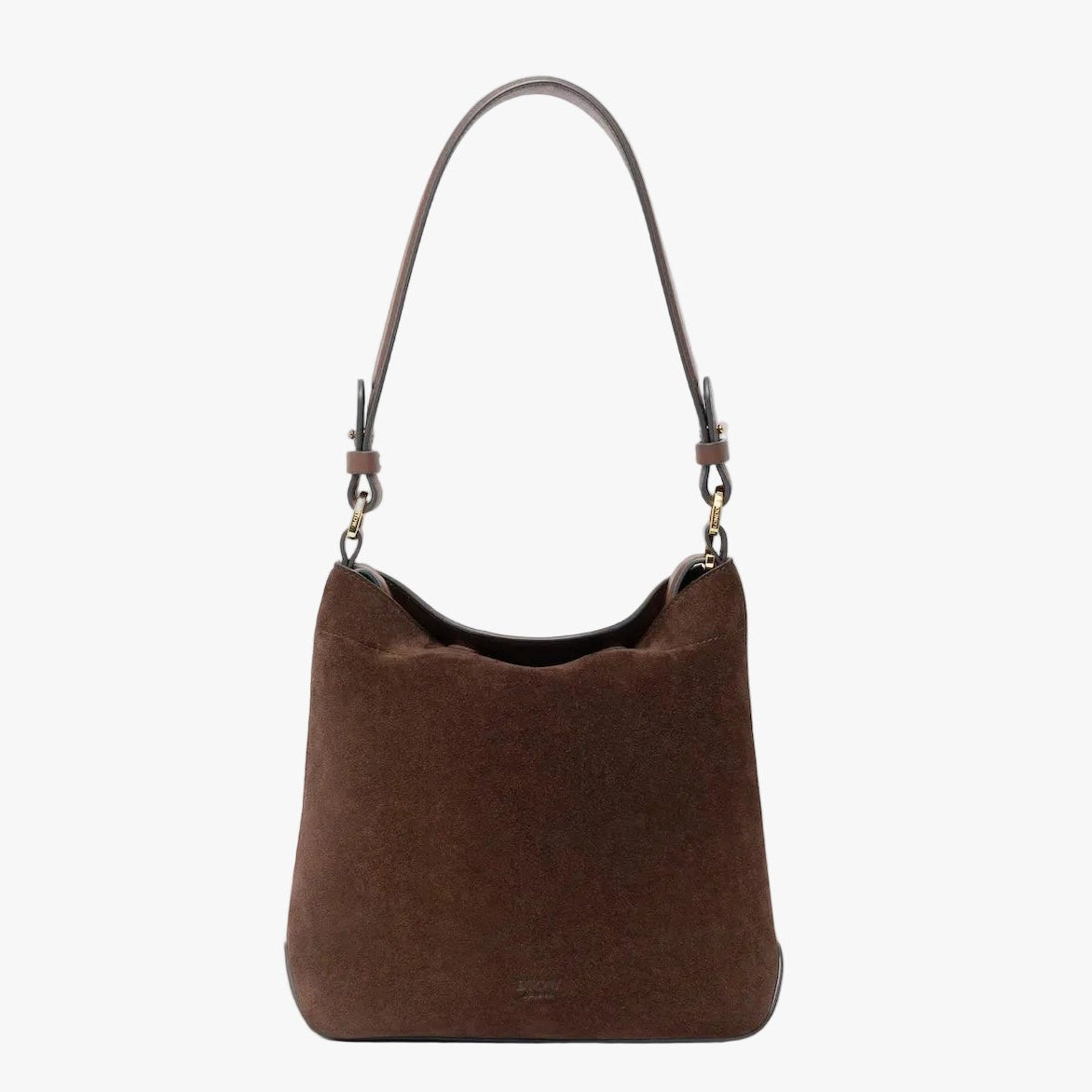 STOW London's Midi Curve in Chocolate suede leather featuring the detachable shoulder strap with gold hardware