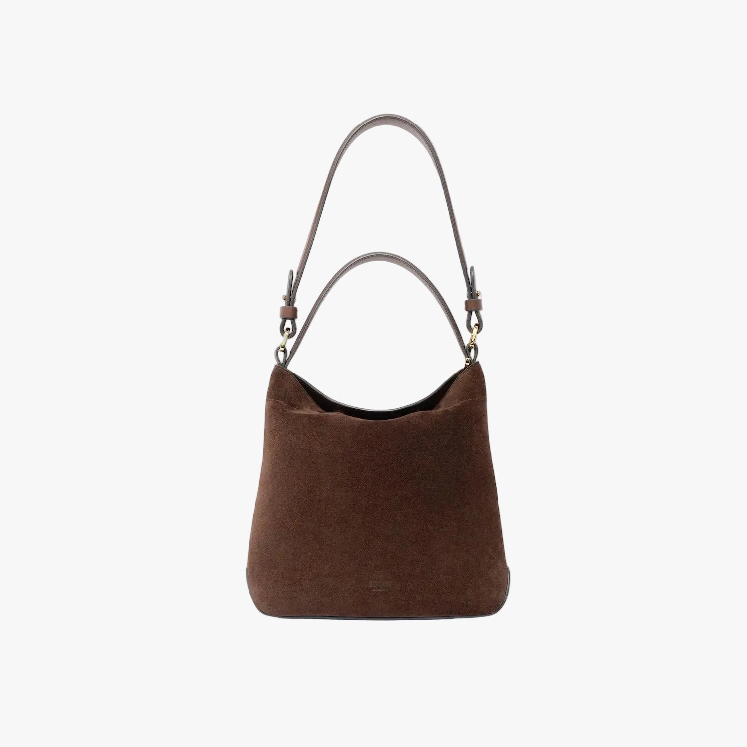 STOW London's Midi Curve in Chocolate suede leather featuring the detachable shoulder strap and top handle with gold hardware