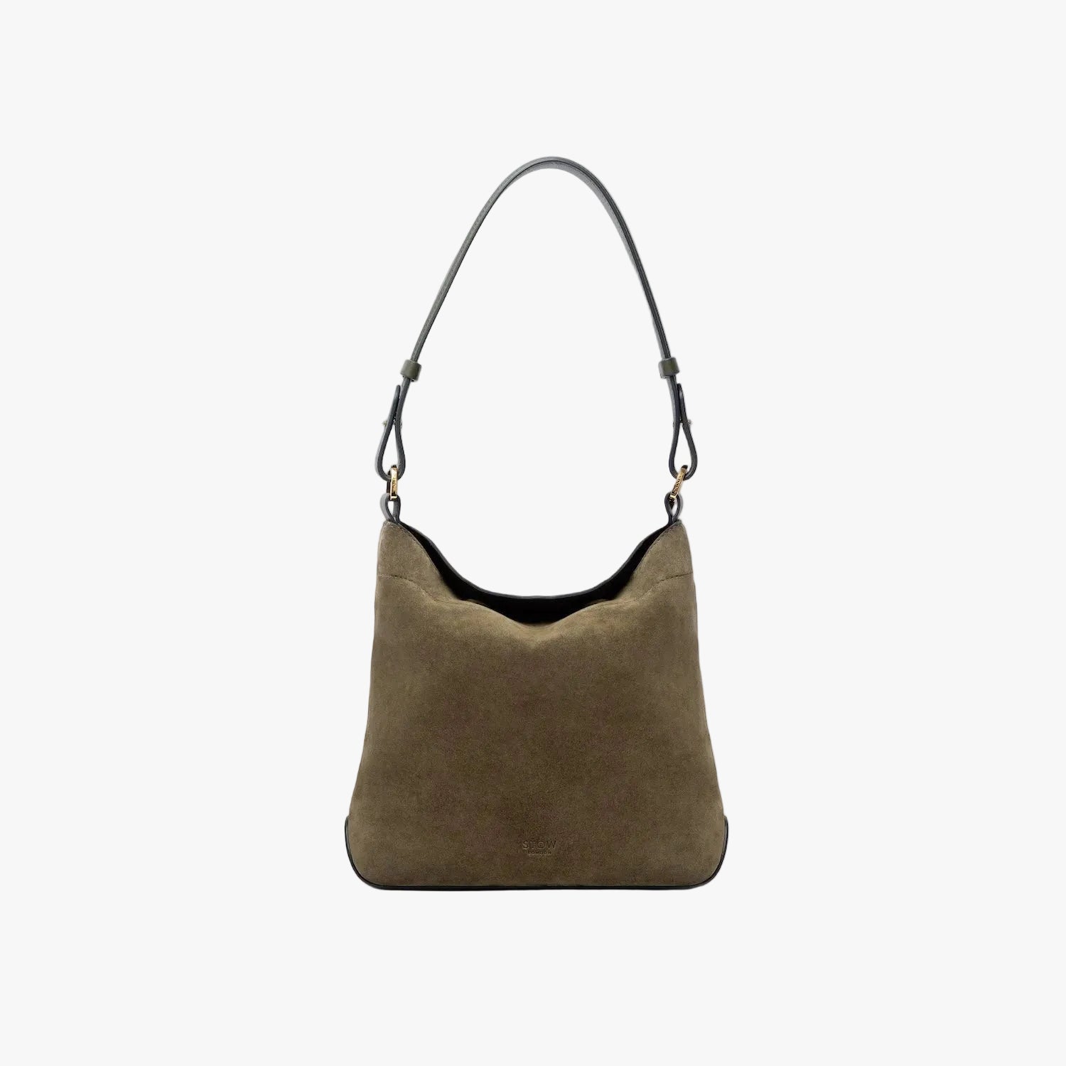 STOW London's Midi Curve in Dark Green suede leather on a light grey background featuring the detachable shoulder strap with gold hardware and details