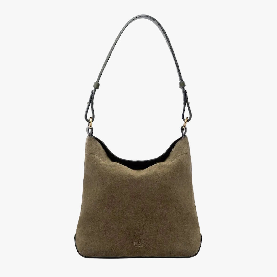 STOW London's Midi Curve in Dark Green suede leather on a light grey background featuring the detachable shoulder strap with gold hardware and details