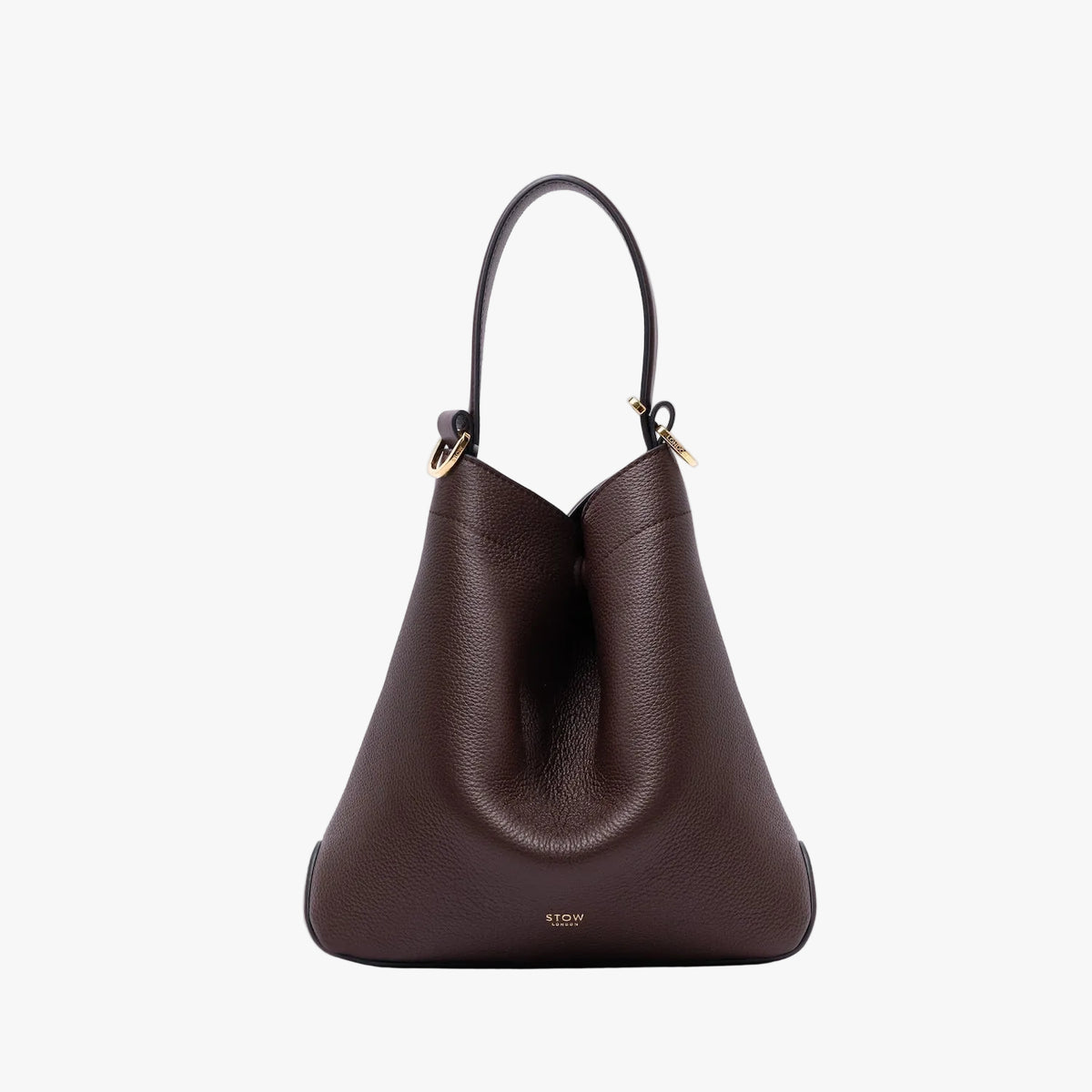 STOW London's Midi Curve in Espresso pebbled leather in a triangular hobo shape featuring gold-coated stainless steel hardware on a light grey background