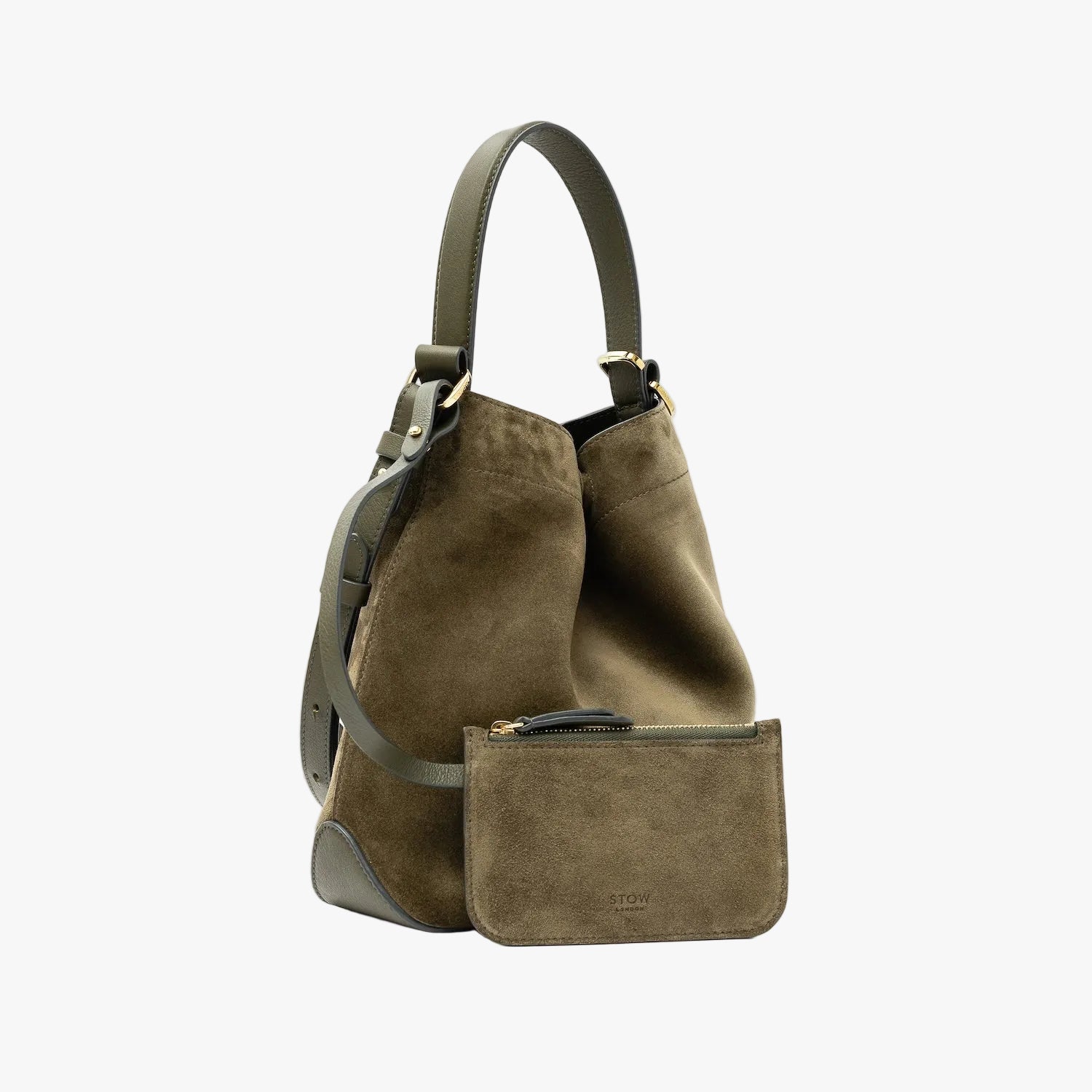 STOW London's Midi Curve in Dark Green suede leather with its matching, detachable interior pouch featuring gold-coated stainless steel hardware on a light grey background