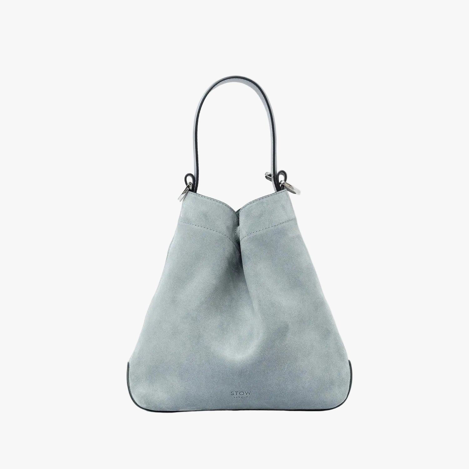 STOW London's Midi Curve in Misty Blue suede leather styled in a triangular shape featuring silver stainless steel hardware on a light grey background