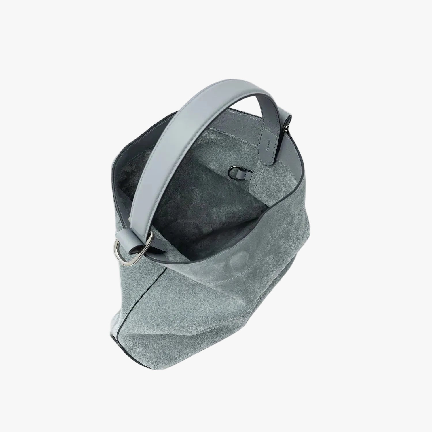Top angled view of STOW London's Midi Curve in Misty Blue suede leather with magnets open showing suede interior and d-ring featuring silver stainless steel hardware on a light grey background
