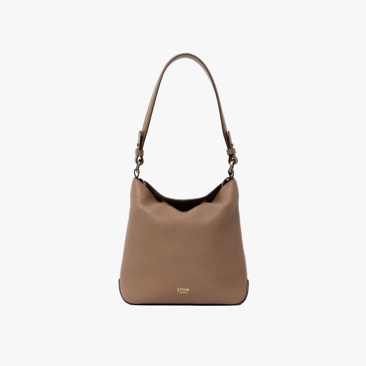STOW London's Midi Curve and detachable shoulder strap in Mocha leather on a light grey background featuring gold hardware and details