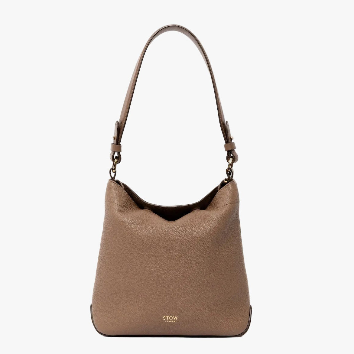 STOW London's Midi Curve and detachable shoulder strap in Mocha leather on a light grey background featuring gold hardware and details