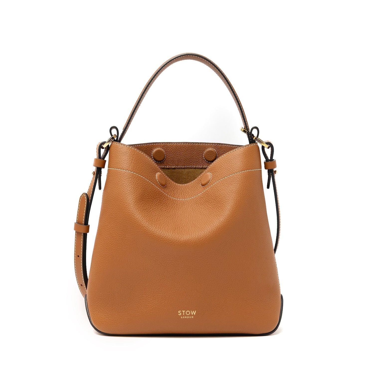 STOW London's Midi Curve bag and detachable, adjustable crossbody strap in Earth Tan pebbled and smooth leather featuring gold-coated stainless steel hardware on a white background
