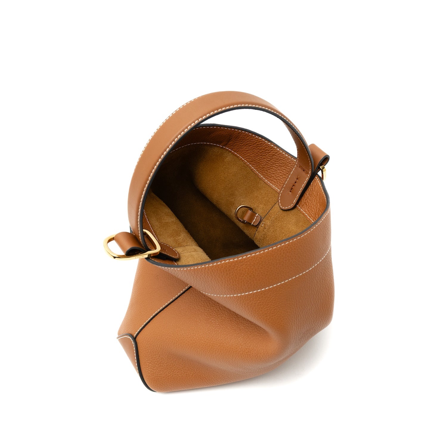 Top view of STOW London's Midi Curve bag in Earth Tan pebbled and smooth leather with bag open showing interior d-ring featuring gold-coated stainless steel hardware on a white background