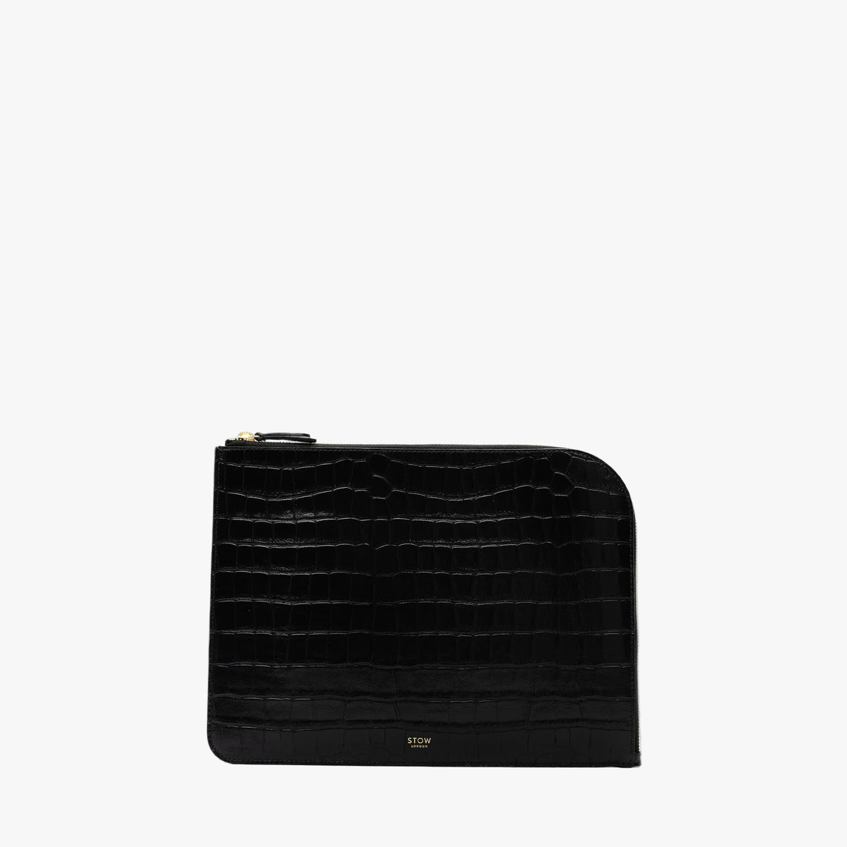 STOW London's Midi Leather Sleeve in Black Embossed Croc leather on a light grey background featuring a YKK Natulon Zip and a fine gold embossed logo on the front bottom.