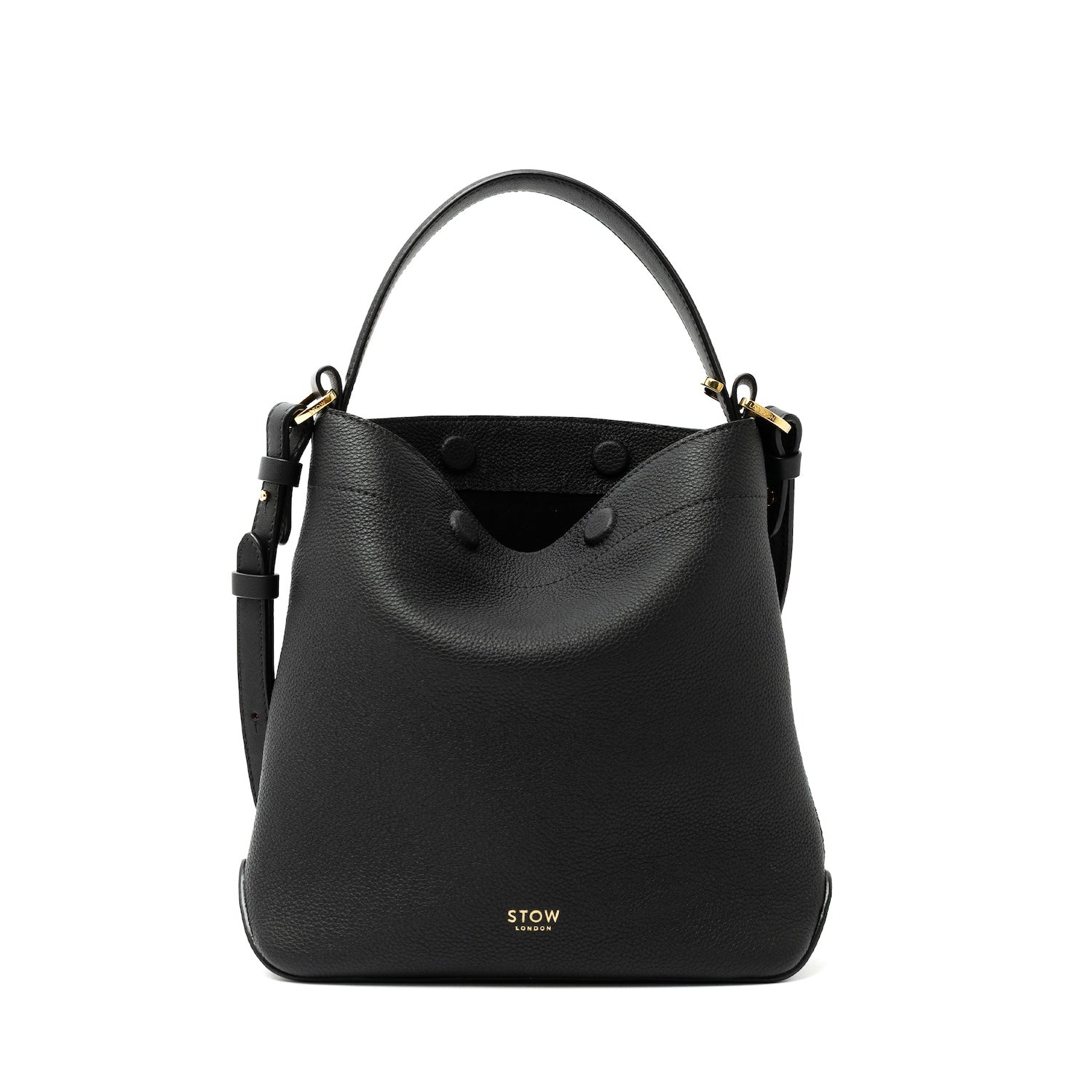 STOW London's Midi Curve bag and detachable, adjustable crossbody strap in Black pebbled and smooth leather featuring gold-coated stainless steel hardware on a white background