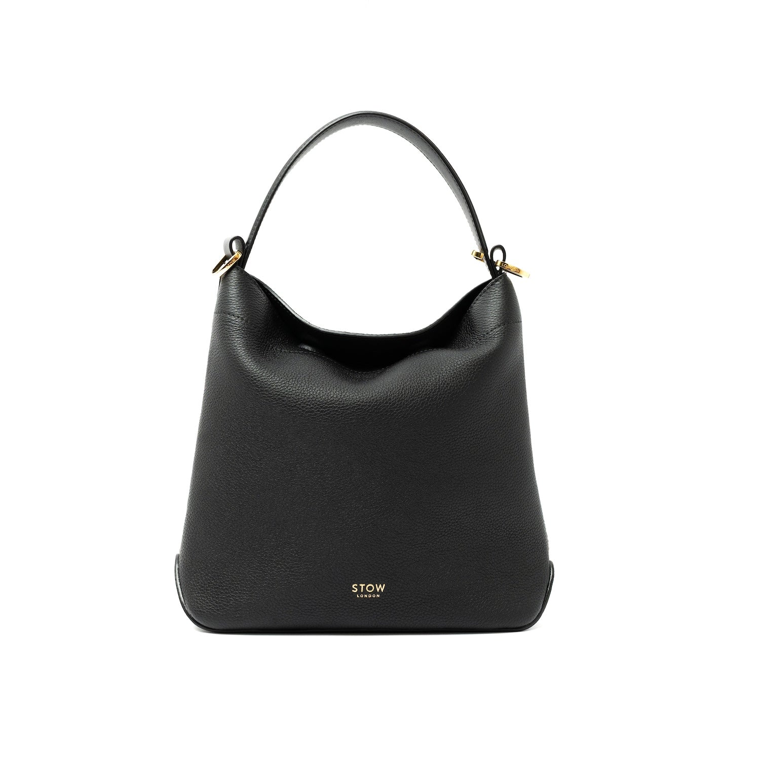 STOW London's Midi Curve bag in Black pebbled and smooth leather styled as a flap bag featuring gold-coated stainless steel hardware on a white background