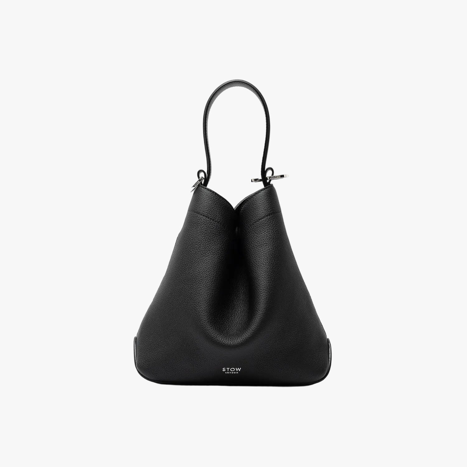 STOW London's Midi Curve in Black pebbled leather styled in a triangular form featuring silver stainless steel hardware on a light grey background